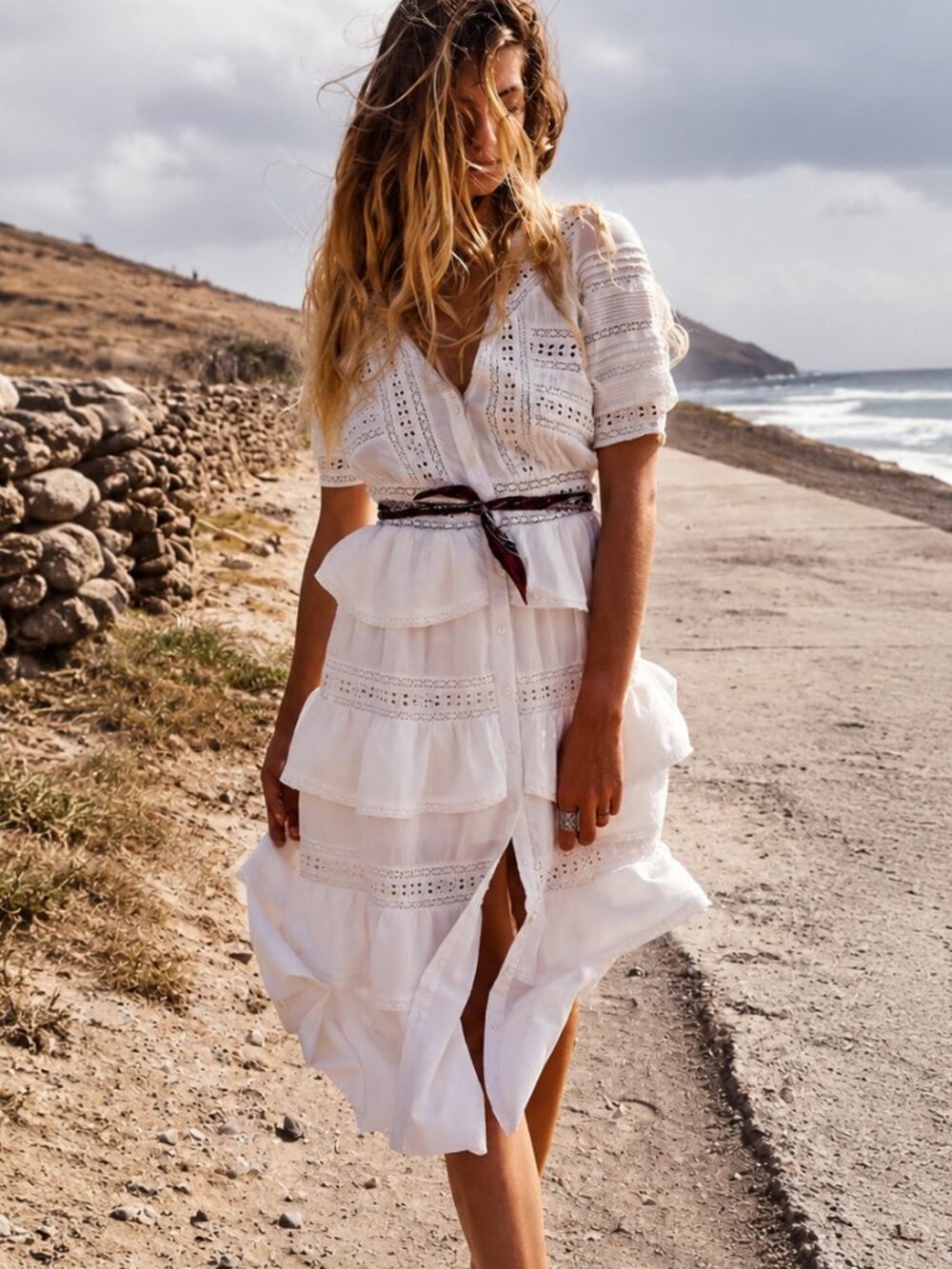 LoveShackFancy White Tiered Eyelet Midi Dress